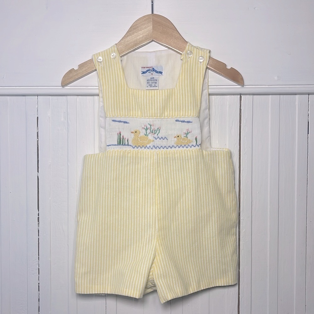SILLY GOOSE EUC Boys Hand Smocked Ducks in Pond Yellow Striped Jon Jon